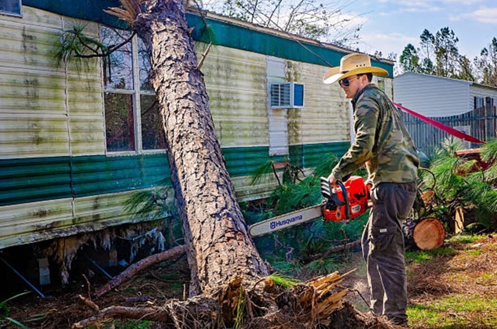 Storm-damaged tree leaning against a residential home before emergency tree removal service in Ballwin, MO.