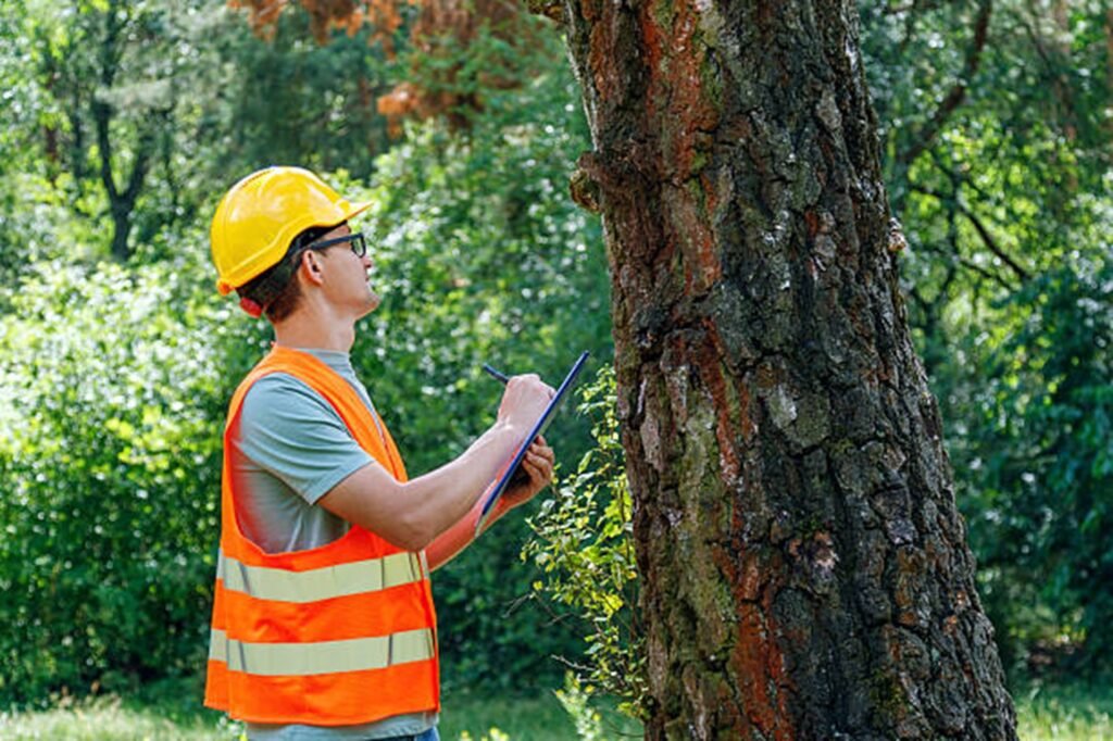 Certified arborist inspecting a storm-damaged tree to evaluate safety risks and recommend professional tree care services in Chesterfield, MO.