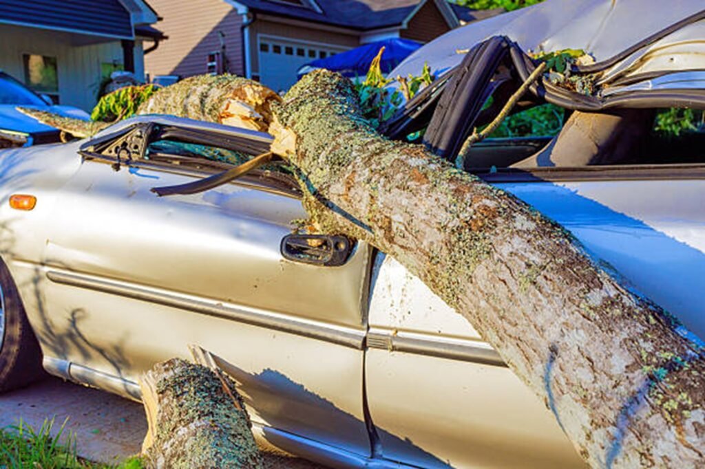Large fallen tree crushing a parked vehicle after a severe storm, highlighting the need for professional storm damage cleanup in Ballwin, MO.